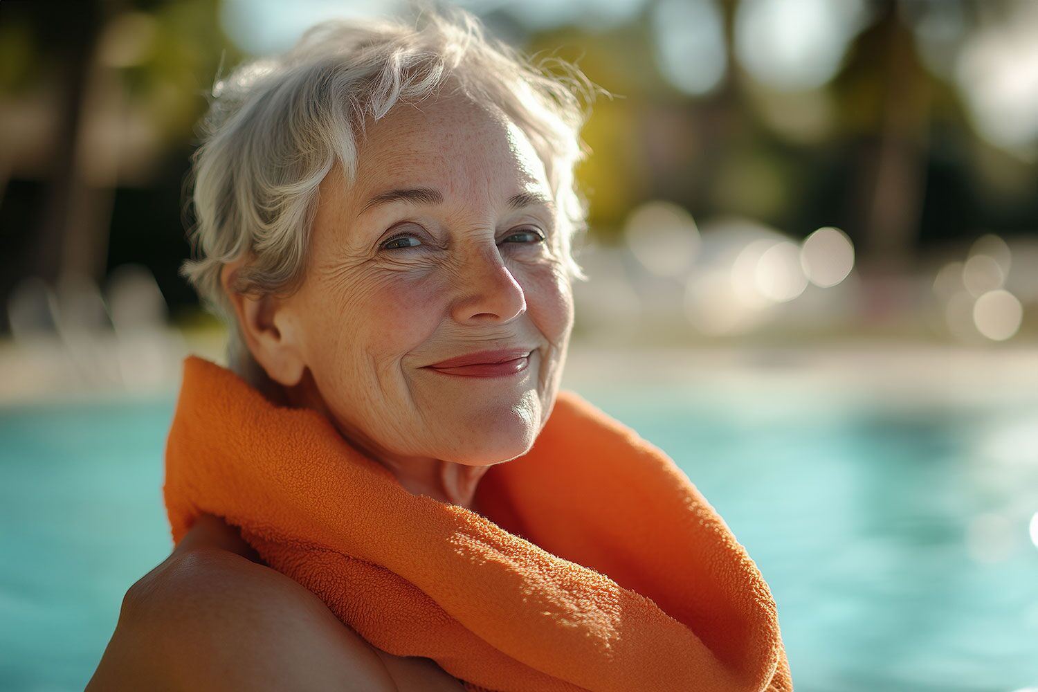 Older woman with short grey hair and an orange towel around her neck by the pool